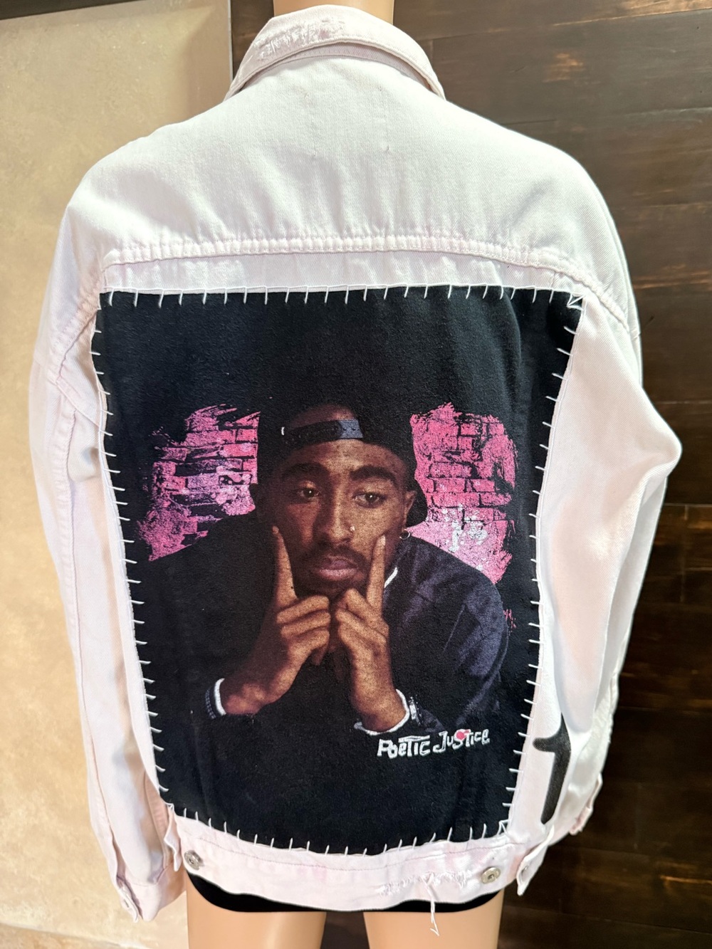 Upcycled Tupac Poetic Justice Faint Pink Distressed Denim Size Men's M